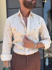 CAMICIA IN LINO FONDO BEIGE RICAMO LIMONI