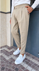 PANTALONE CALDO COTONE CON CINTURINO ALTO FIBIA LATERALE E PIEGA INGLESE.