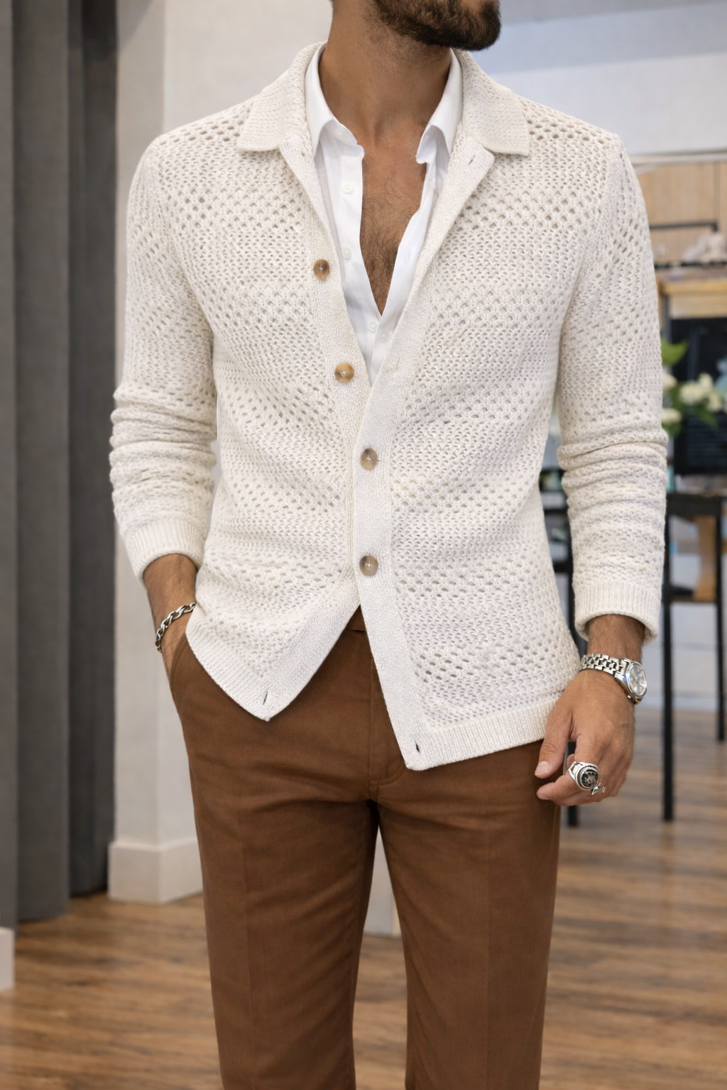 CARDIGAN TRAFORATO MALAGA COLLO CAMICIA