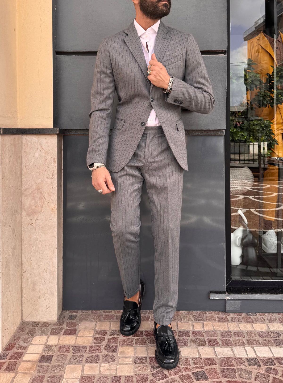 ABITO MONOPETTO RIGA STRETTA REVER IMPUNTURATO A MANO